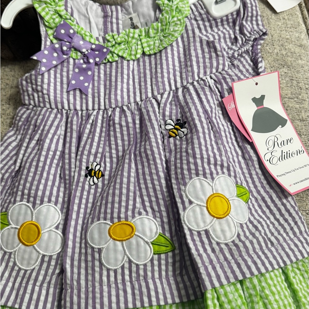 Rare Editions Lilac Striped Dress with Floral and Bee Accents